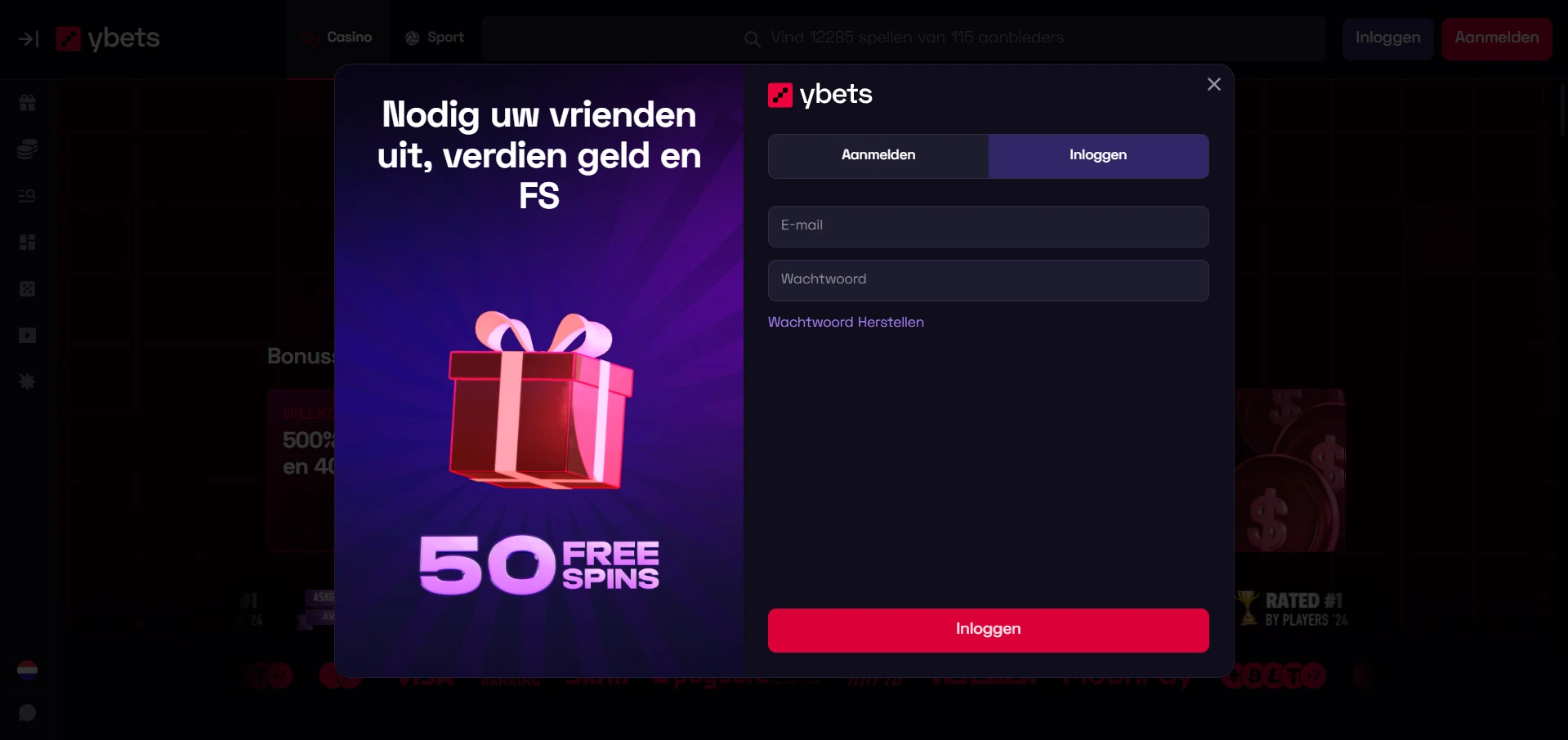 Inlogscherm van Ybets Casino